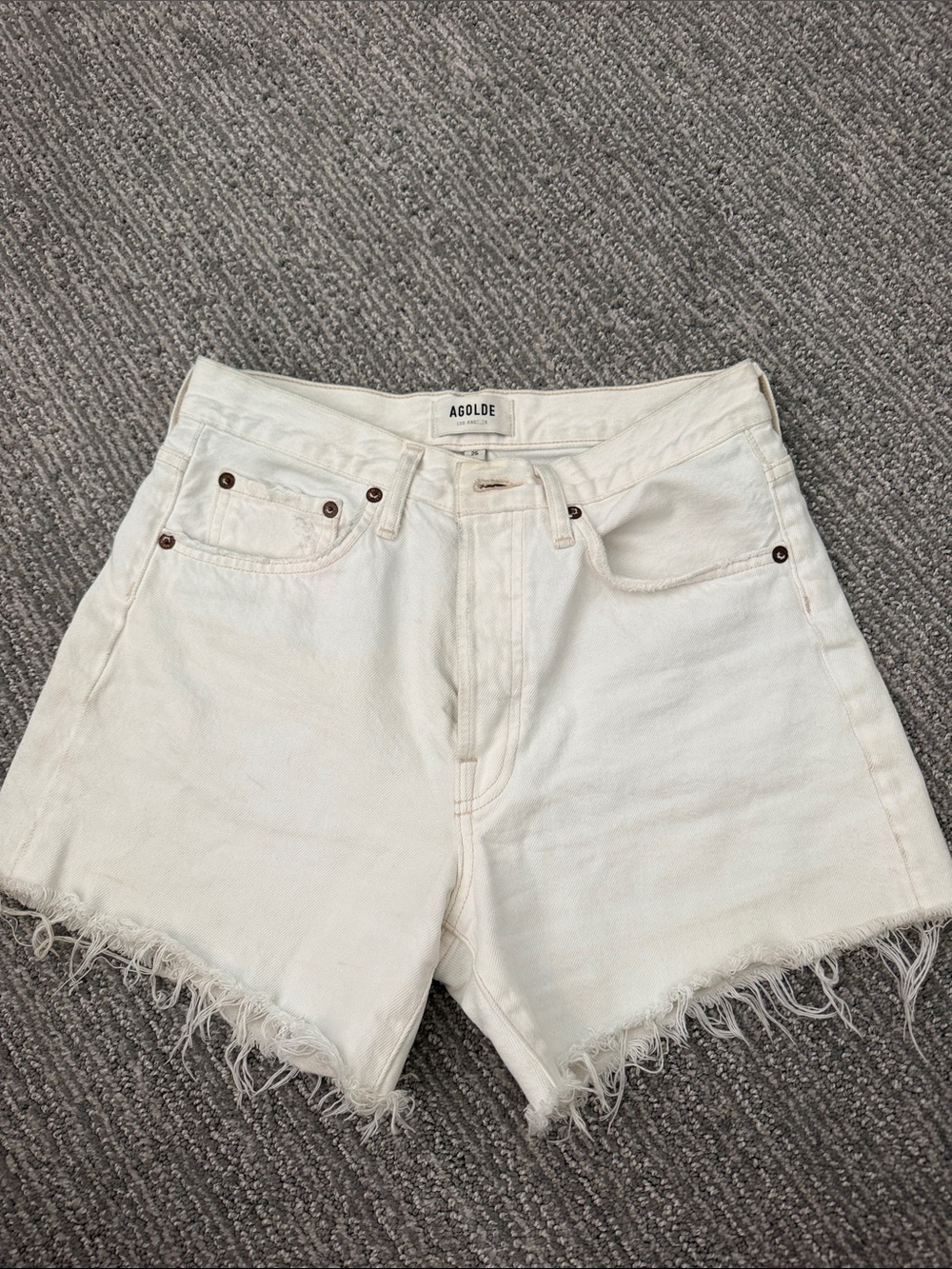 Agolde Parker Long White Frayed Hem Denim Shorts